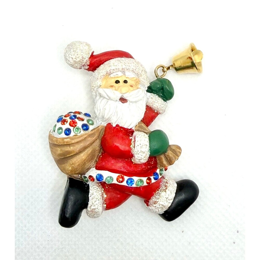 Vintage Pin Brooch Santa Claus w Bag of Presents & Rhinestones & Bell St. Nick